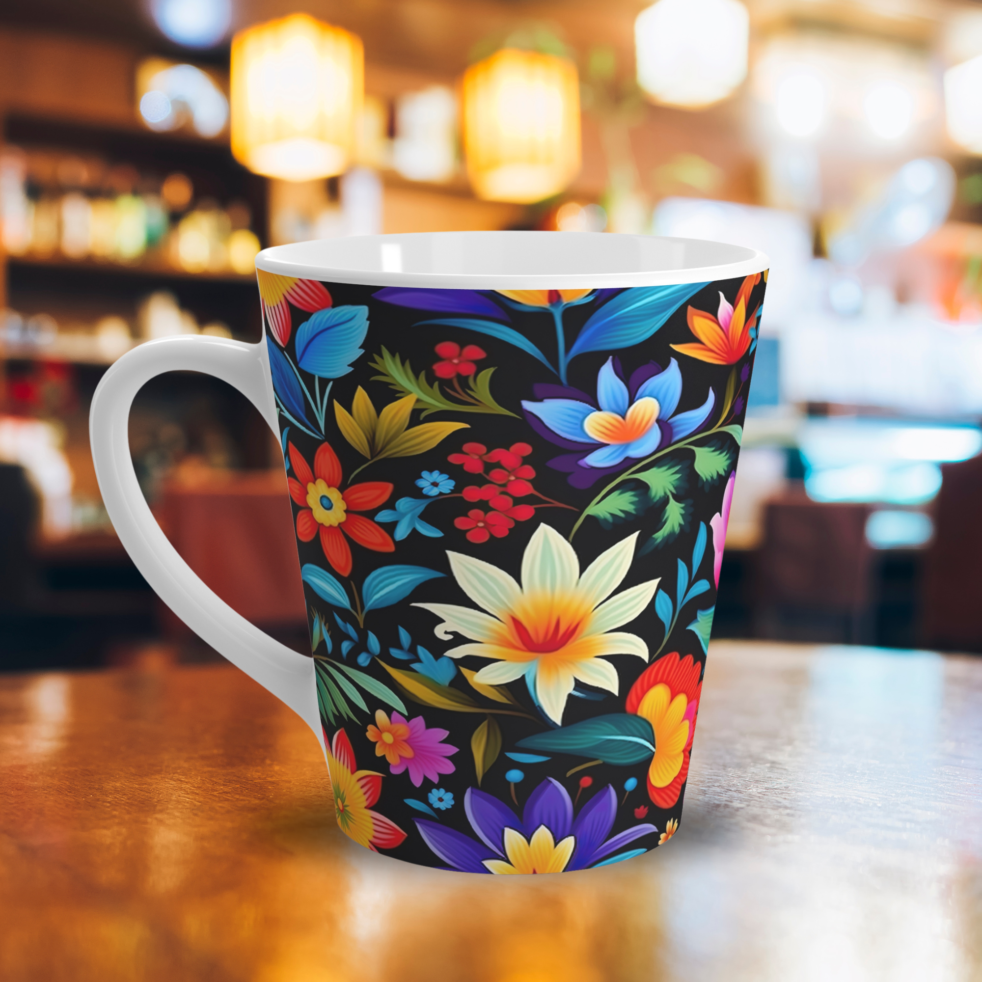 Latte Mug with Beautiful Floral Design, Pink and Orange Flower Coffee Cup with Black Background