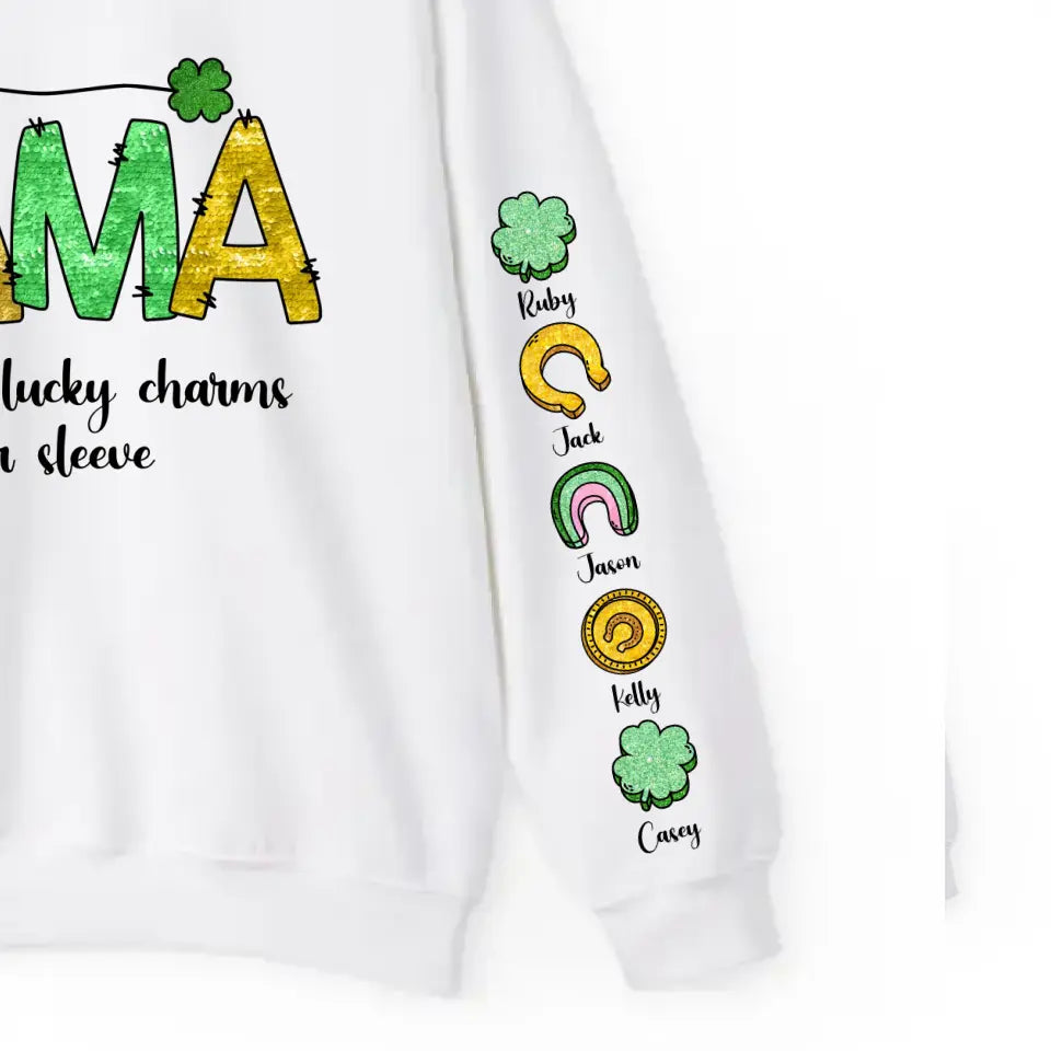 Personalized 'This Mama Wears Her Lucky Charms' Sweatshirt with Up to 5 Kids' Names on the Sleeve!