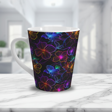Latte Mug with Neon Hawaiian Tropical Flowers, Coffee Mug with Floral Design
