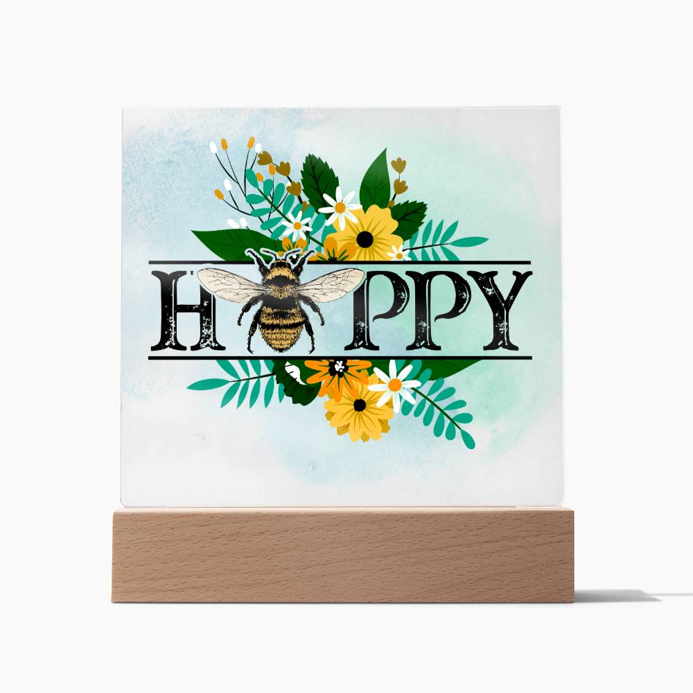 Bee Happy - Square Acrylic Plaque - Soaking Mermaid Gifts