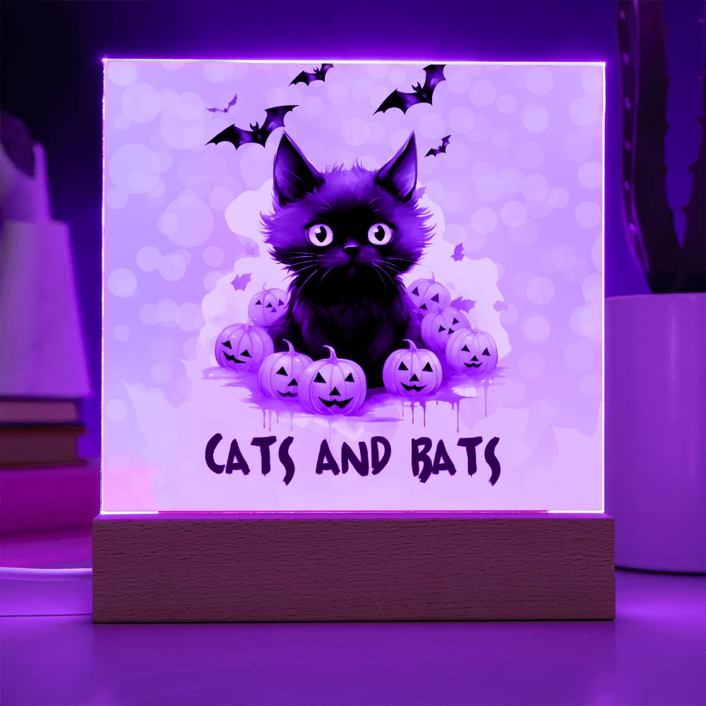 Black Cat with Pumpkin, Cats and Bats! Square Acrylic Plaque - Soaking Mermaid Gifts