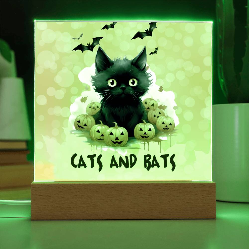 Black Cat with Pumpkin, Cats and Bats! Square Acrylic Plaque - Soaking Mermaid Gifts