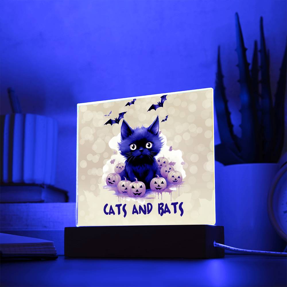 Black Cat with Pumpkin, Cats and Bats! Square Acrylic Plaque - Soaking Mermaid Gifts