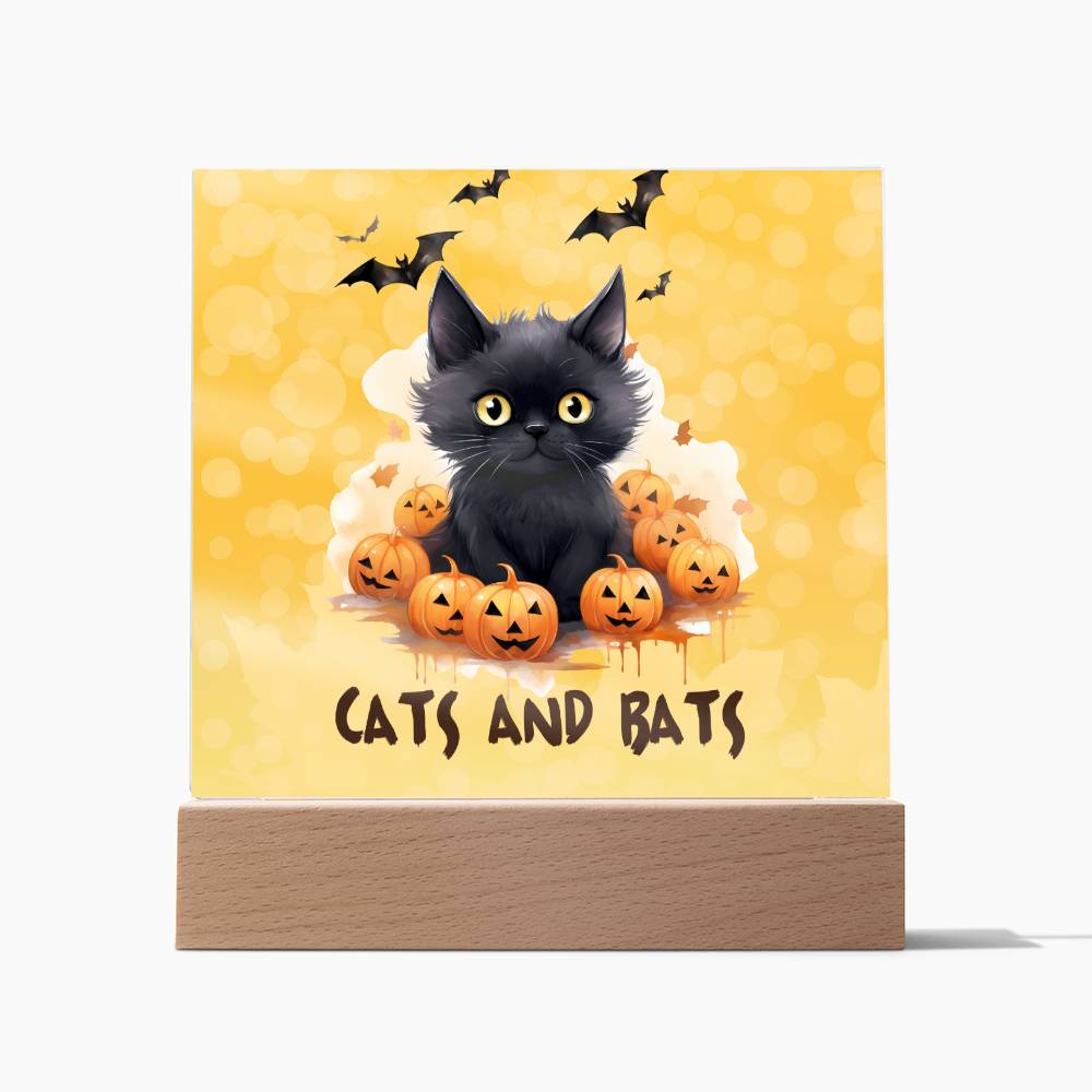 Black Cat with Pumpkin, Cats and Bats! Square Acrylic Plaque - Soaking Mermaid Gifts