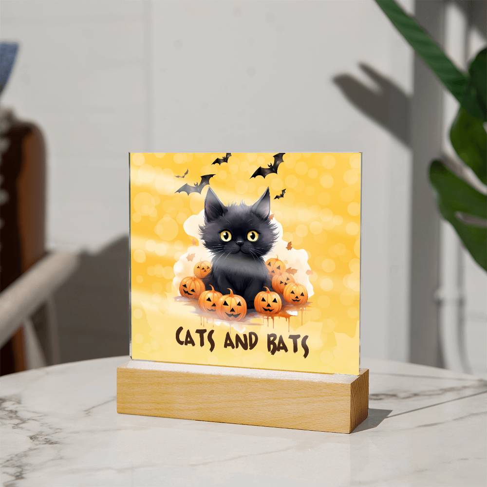 Black Cat with Pumpkin, Cats and Bats! Square Acrylic Plaque - Soaking Mermaid Gifts