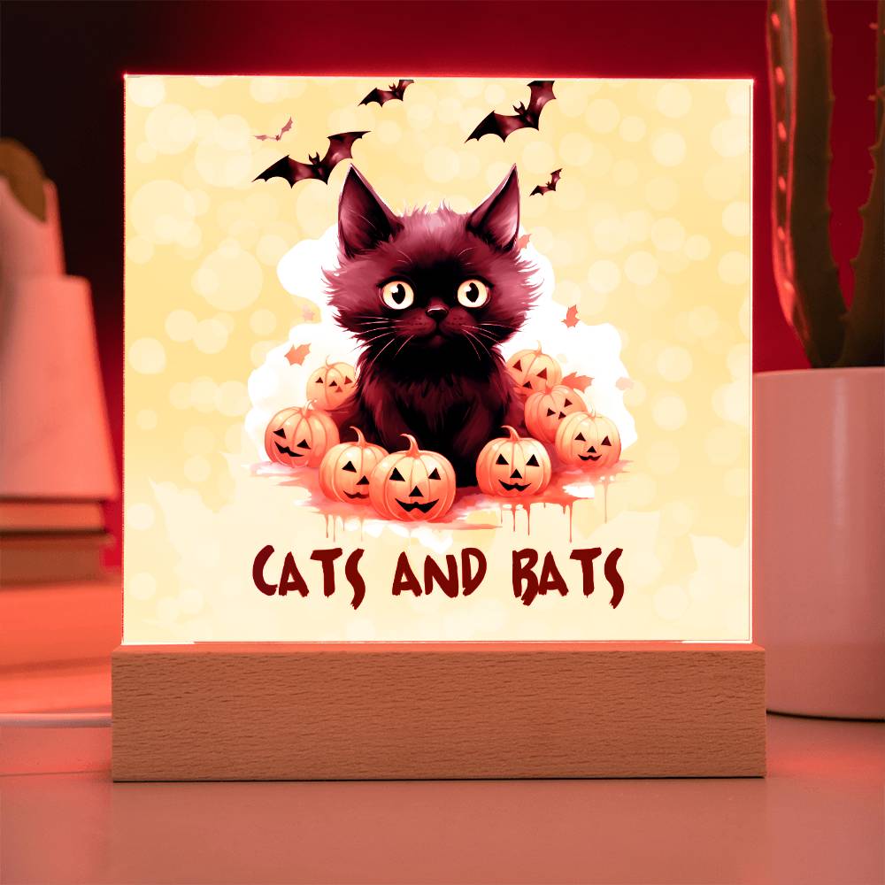 Black Cat with Pumpkin, Cats and Bats! Square Acrylic Plaque - Soaking Mermaid Gifts