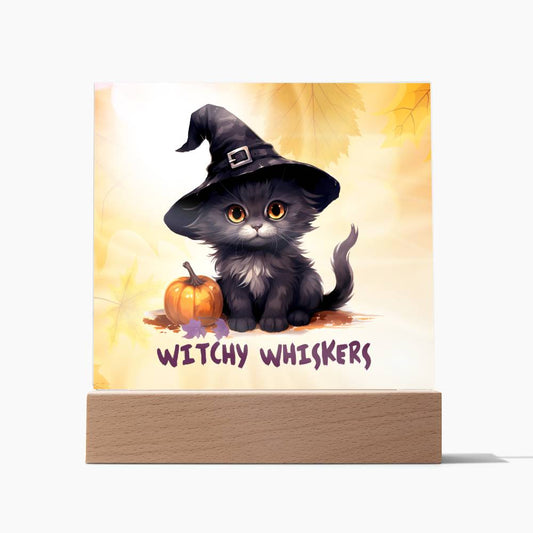 Black Cat with Pumpkin, Witchy Whiskers! Square Acrylic Plaque - Soaking Mermaid Gifts