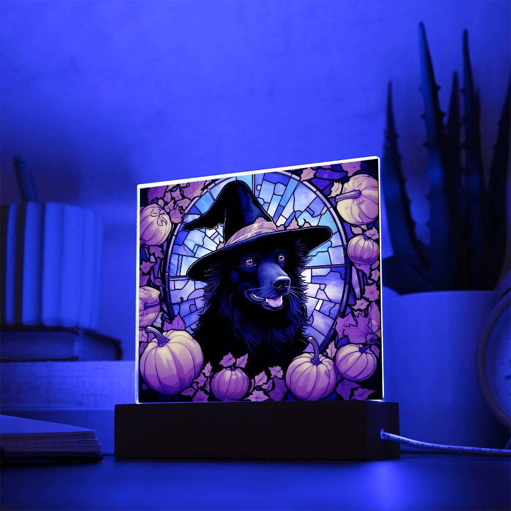 Black Dog Stained Glass Effect Halloween Square Acrylic Plaque - Soaking Mermaid Gifts