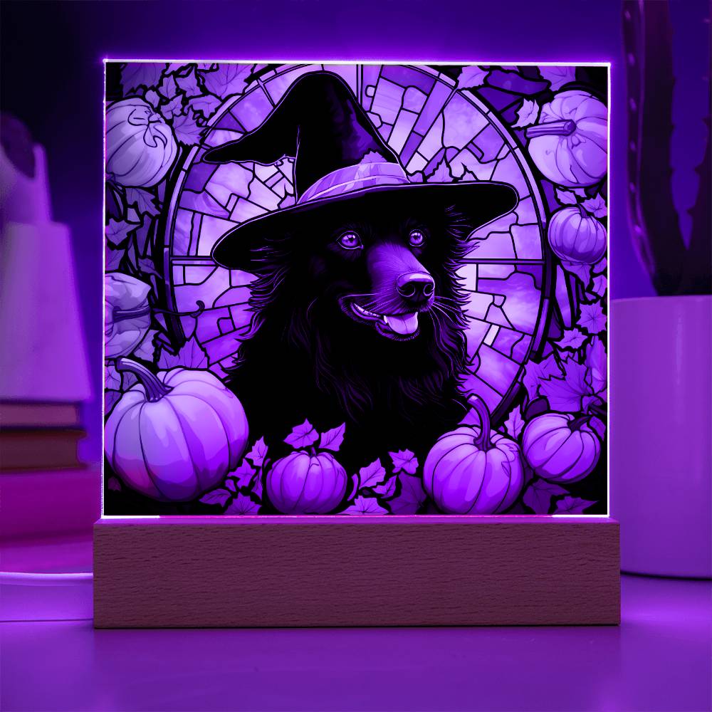 Black Dog Stained Glass Effect Halloween Square Acrylic Plaque - Soaking Mermaid Gifts