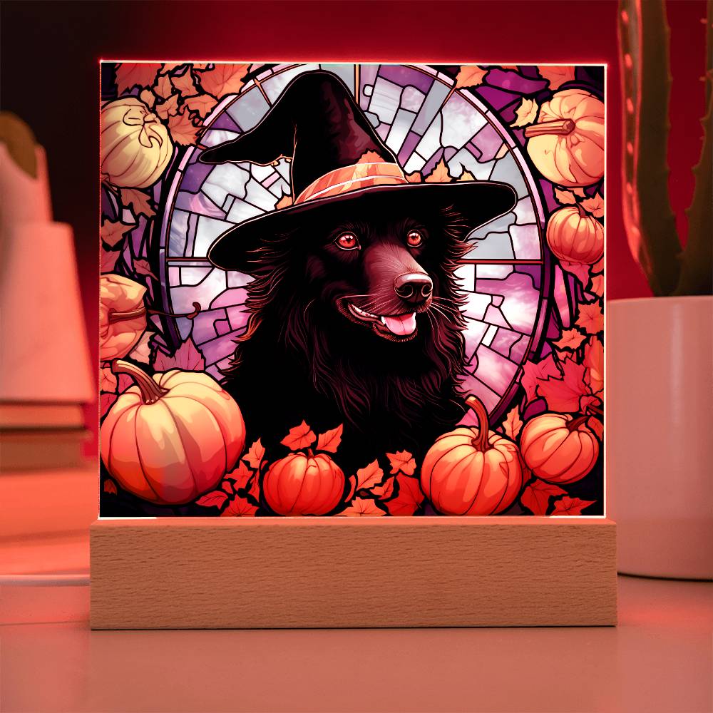 Black Dog Stained Glass Effect Halloween Square Acrylic Plaque - Soaking Mermaid Gifts