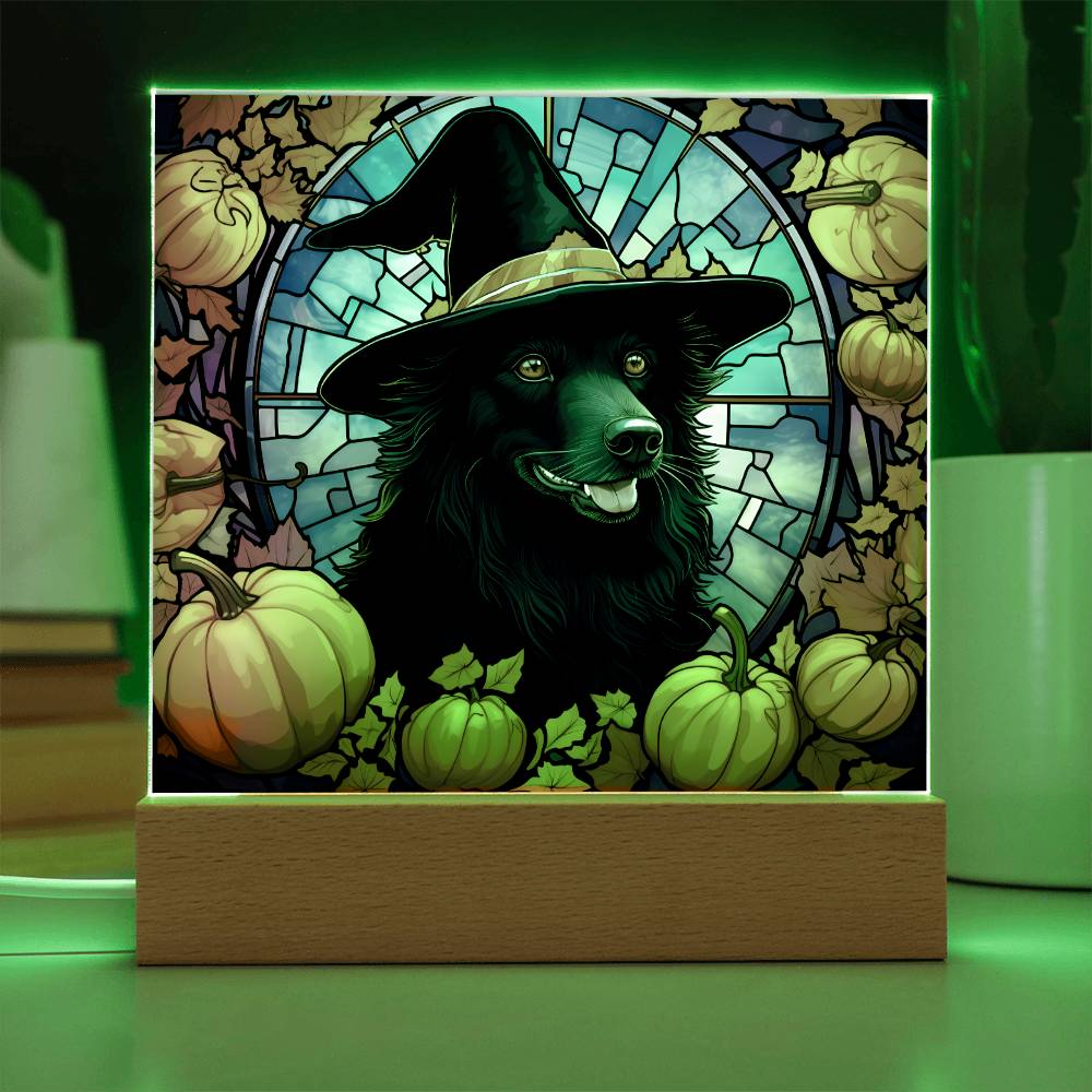 Black Dog Stained Glass Effect Halloween Square Acrylic Plaque - Soaking Mermaid Gifts