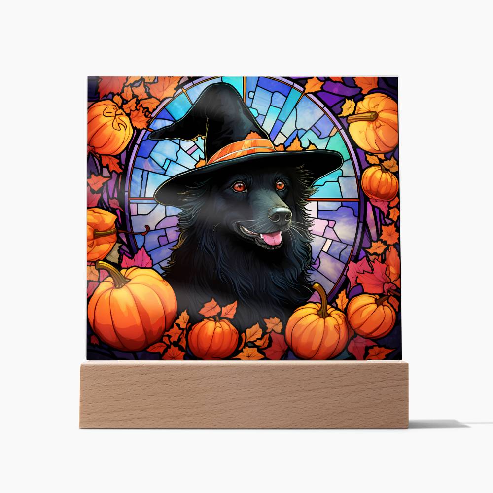 Black Dog Stained Glass Effect Halloween Square Acrylic Plaque - Soaking Mermaid Gifts