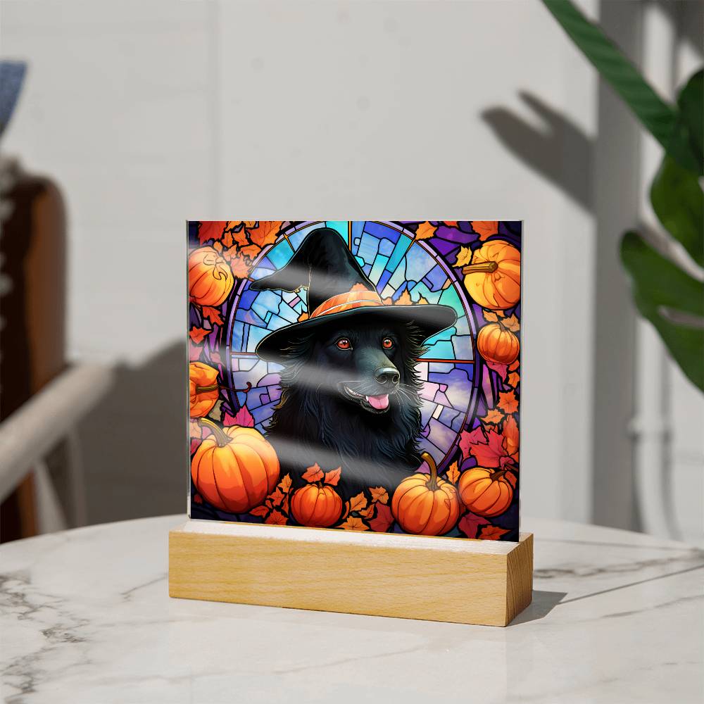 Black Dog Stained Glass Effect Halloween Square Acrylic Plaque - Soaking Mermaid Gifts