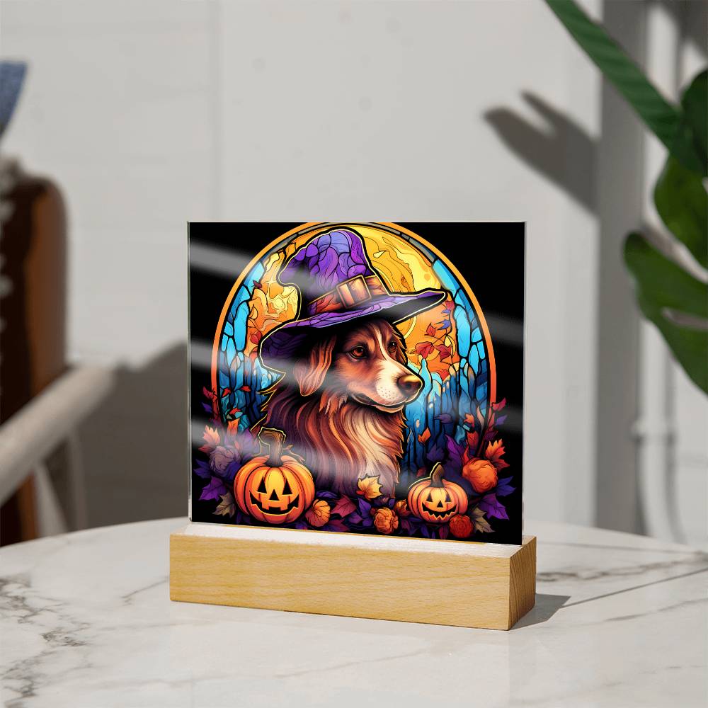 Brown and White Dog Stained Glass Effect Halloween Square Acrylic Plaque - Soaking Mermaid Gifts