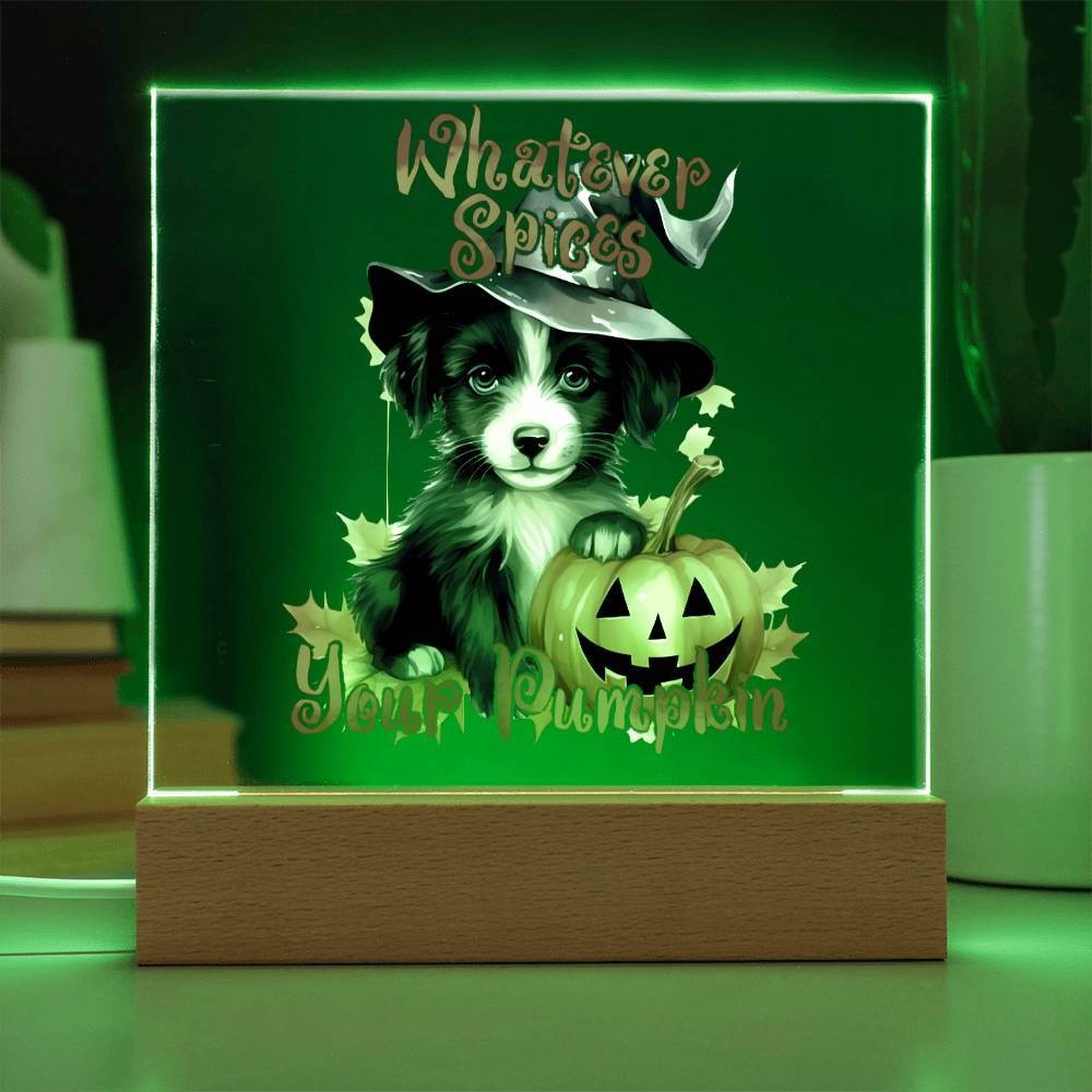 Whatever Spices Your Pumpkin - Halloween Puppy - Square Acrylic Plaque - Soaking Mermaid Gifts