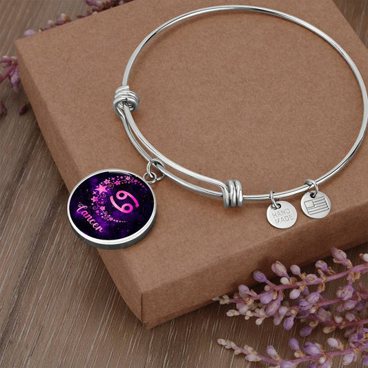 Zodiac Sign Cancer - Circle Pendant Charm - Adjustable Bangle Bracelet - Soaking Mermaid Gifts