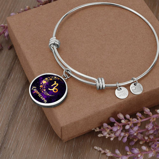 Zodiac Sign Capricorn- Circle Pendant Charm - Adjustable Bangle Bracelet - Soaking Mermaid Gifts