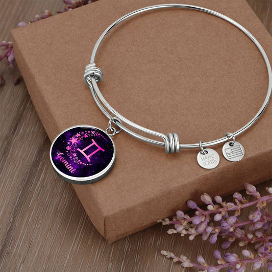 Zodiac Sign Gemini - Circle Pendant Charm - Adjustable Bangle Bracelet - Soaking Mermaid Gifts