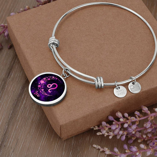 Zodiac Sign Leo - Circle Pendant Charm - Adjustable Bangle Bracelet - Soaking Mermaid Gifts