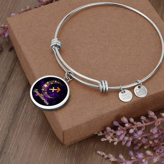 Zodiac Sign Sagittarius - Circle Pendant Charm - Adjustable Bangle Bracelet - Soaking Mermaid Gifts