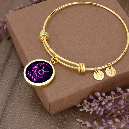 Zodiac Sign Taurus - Circle Pendant Charm - Adjustable Bangle Bracelet - Soaking Mermaid Gifts